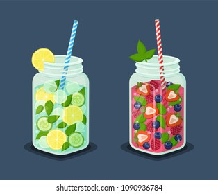 Set of mugs refreshing drinks with fresh strawberry, raspberries and blueberries, leaves of mint, lemon and cucumber vector dieting cocktails with straw