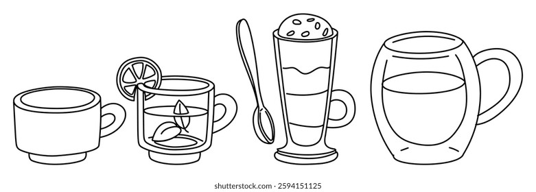 set of mugs with tea and coffee. Outline illustration on white. variety of cups with and without liquids. Monochrome doodle. Use illustrations for websites, product catalogs, or promotional materials.