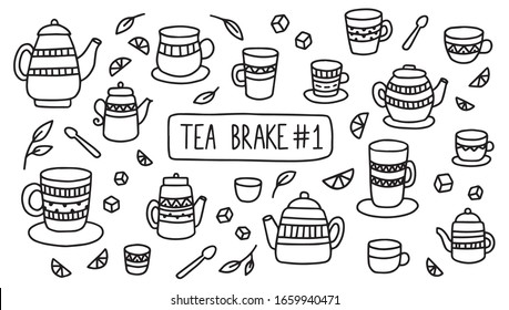 Set of mugs of tea. Simple tableware with a beautiful geometric pattern for brochures, menus, and illustrations. vector stock illustration.