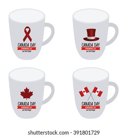 Set of mugs with text and different icons for canada day celebrations