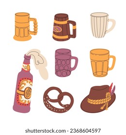 Set of mugs and traditional attributes of the autumn German holiday Oktoberfest. Design for craft beer companies. Vector illustration in cartoon flat style isolated on white background.