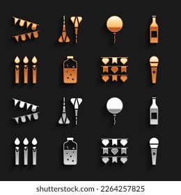 Set Mulled wine, Beer bottle, Karaoke microphone, Carnival garland with flags, Birthday cake candles, Balloon ribbon,  and Dart arrow icon. Vector