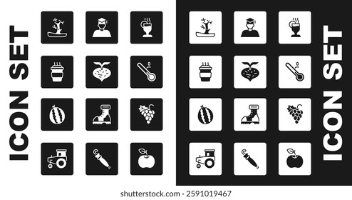 Set Mulled wine, Beet, Coffee cup to go, Bare tree, Meteorology thermometer, Graduate and graduation cap, Grape fruit and Watermelon icon. Vector