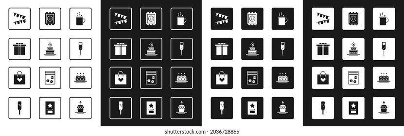 Set Mulled wine, Cake with burning candles, Gift box, Carnival garland flags, Glass of champagne, LSD acid mark,  and Shopping bag heart icon. Vector