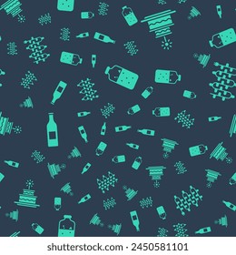 Set Mulled wine, Cake with burning candles, Beer bottle and Christmas lights on seamless pattern. Vector