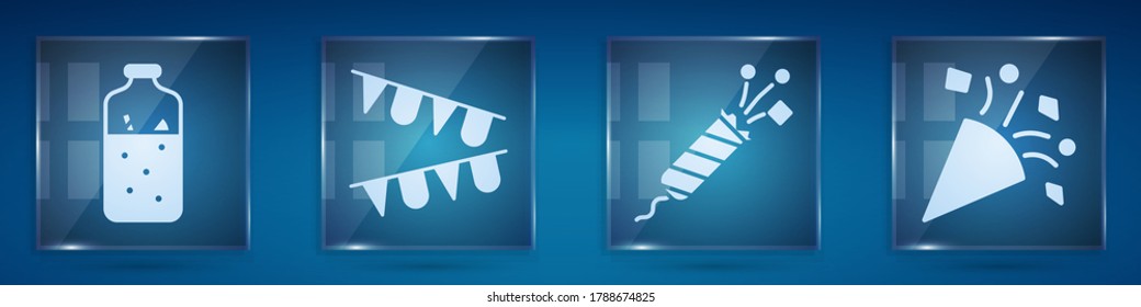 Set Mulled wine, Carnival garland with flags, Firework rocket and Festive confetti. Square glass panels. Vector