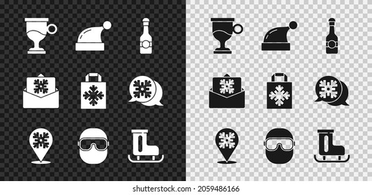 Set Mulled wine, Christmas Santa Claus hat, Champagne bottle, Snowflake, Ski goggles, Figure skates, postcard and shopping bag icon. Vector