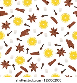 Set for mulled wine. Cinnamon, cloves, sugar and orange. Colorful vector seamless pattern on white background. 