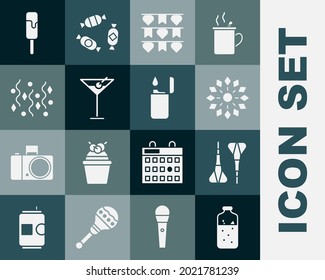 Set Mulled wine, Dart arrow, Firework, Carnival garland with flags, Martini glass, Festive confetti, Ice cream and Lighter icon. Vector