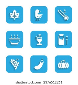 Set Mulled wine, Eggplant, Pumpkin, Jar of honey and dipper stick, Grape fruit, Bowl hot soup, Meteorology thermometer and Leaf leaves icon. Vector