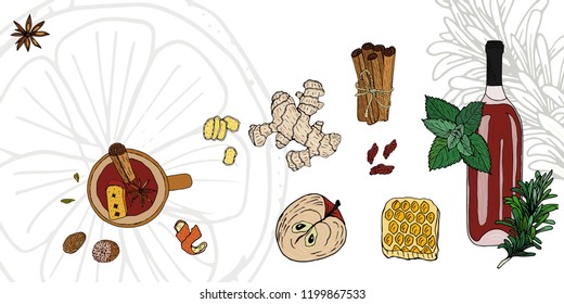 Set of mulled wine, fruit and spices, vector hand drawn illustrations.  A bottle of red wine, a mug with mulled wine, a root of ginger, cinnamon, lemon peel, nutmeg, cardamom, anise, rosemary.
