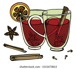Set of mulled wine, fruit and spices, hand drawn illustrations