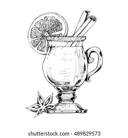 Set of mulled wine, fruit and spices, hand drawn illustrations