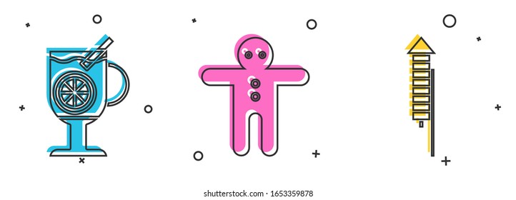 Set Mulled wine with glass of drink, Holiday gingerbread man cookie and Firework rocket icon. Vector