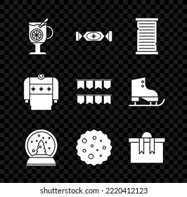 Set Mulled wine with glass of drink, Candy, Christmas wish list template, snow globe, Cookie or biscuit chocolate, Gift box, sweater and Carnival garland flags icon. Vector