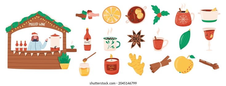 Set of mulled wine ingredients flat vector illustration isolated on white background