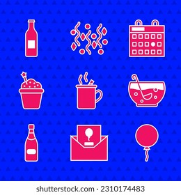 Set Mulled wine, Invitation, Balloon with ribbon, Mixed punch bowl, Champagne bottle, Cake, Birthday calendar and Beer icon. Vector