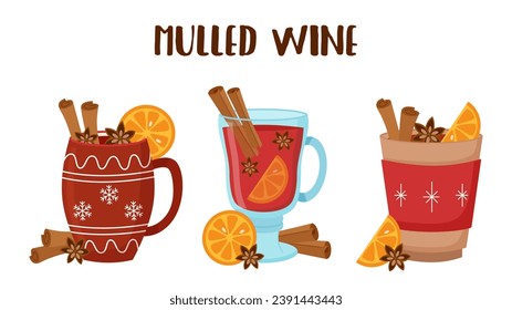 Set of mulled wine mugs with orange slices, anise and cinnamon sticks	