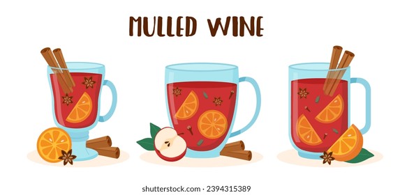 Set of mulled wine mugs with orange slices, apple, anise and cinnamon sticks. Mulled wine ingredients. 