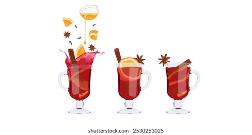 Set of mulled wine mugs with orange slices, honey, clove spice, anise and cinnamon sticks. Mulled wine ingredients. Winter hot drinks.