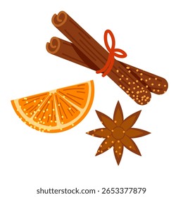 Conjunto de canecas de vinho com fatias de laranja, anis e paus de canela. Bebida quente de outono. Ilustração vetorial sobre fundo branco