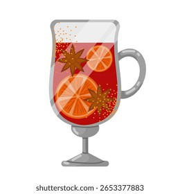 Conjunto de canecas de vinho com fatias de laranja, anis e paus de canela. Bebida quente de outono. Ilustração vetorial sobre fundo branco