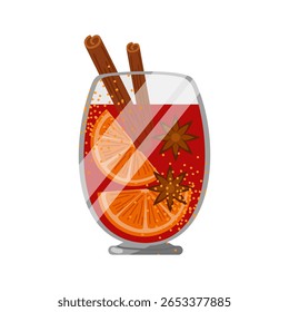 Conjunto de canecas de vinho com fatias de laranja, anis e paus de canela. Bebida quente de outono. Ilustração vetorial sobre fundo branco