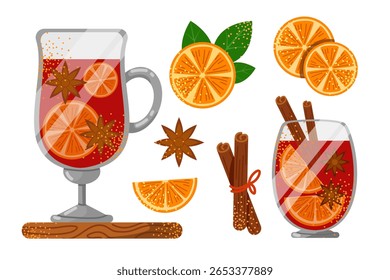 Conjunto de canecas de vinho com fatias de laranja, anis e paus de canela. Bebida quente de outono. Ilustração vetorial sobre fundo branco