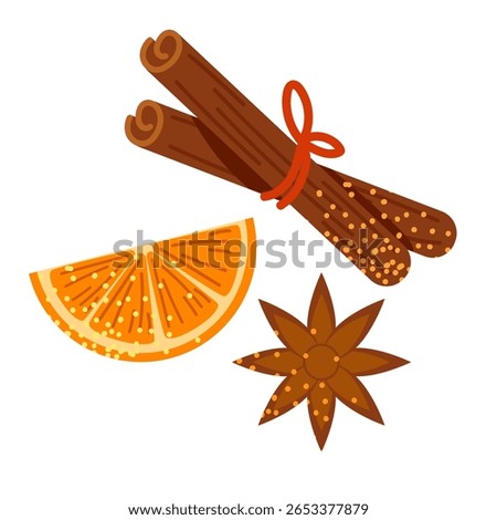 Set of mulled wine mugs with orange slices, anise and cinnamon sticks. Autumn hot drink. Vector illustration on white background