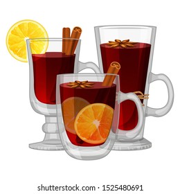 Set of mulled wine on white background. Sweet fruit. Xmas card. Vector holiday illustration. Cartoon style. Vector illustration. Isolated on white. Object for packaging, advertisements, menu.
