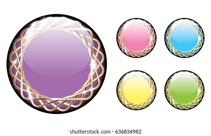 Set of multi color backgrounds with a golden frame, with space for your text. Vector illustration.