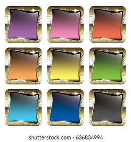 Set of multi color backgrounds with a golden frame, with space for your text. Vector illustration.