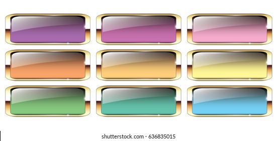 Set of multi color backgrounds with a golden frame, with space for your text. Vector illustration.