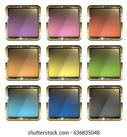 Set of multi color backgrounds with a golden frame, with space for your text. Vector illustration.