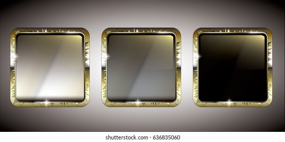 Set of multi color backgrounds with a golden frame, with space for your text. Vector illustration.