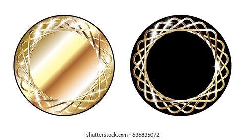 Set of multi color backgrounds with a golden frame, with space for your text. Vector illustration.