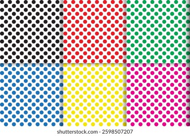 Set of Multi color, black, white, red, yellow, green, blue, pink, golden dotted seamless repeat pattern design for textile, fabrics, print, wallpaper, wrapping paper, stationery, paper and background