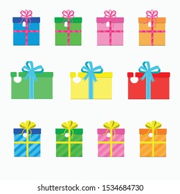 Set of multi color gift box with ribbon for happy new year or Christmas design vector illustration on light background.