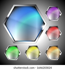 Set of multi color hexagon backgrounds with a silver frame. Vector illustration