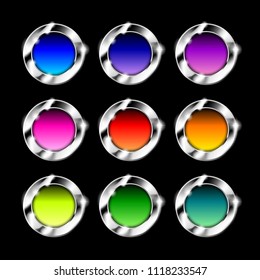 Set of multi color round backgrounds with a silver frame, with space for your text. Vector illustration