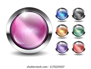 Set of multi color round backgrounds with a silver frame, with space for your text. Vector illustration.