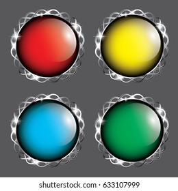 Set of multi color round backgrounds with a silver frame, with space for your text. Vector illustration.