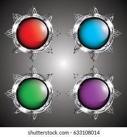 Set of multi color round backgrounds with a silver frame, with space for your text. Vector illustration.