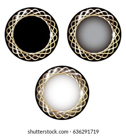 Set of multi color round backgrounds with a golden frame, with space for your text. Vector illustration.
