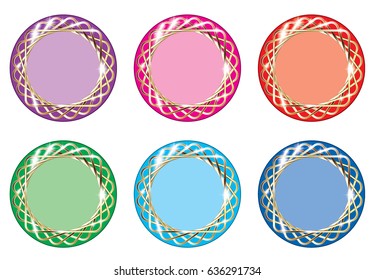 Set of multi color round backgrounds with a golden frame, with space for your text. Vector illustration.