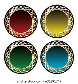 Set of multi color round backgrounds with a golden frame, with space for your text. Vector illustration.