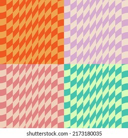 Set of Multi Color Warped Checkers Background Designs. Four Square Checkered Seamless Patterns of Bright And Pastel Colors. Modern Dynamic Textures for Digital, Print And Web Design.