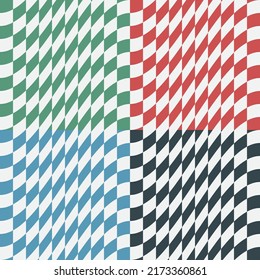 Set of Multi Color Warped Checkers Background Racing Designs. Four Square Checkered Seamless Patterns of Red, Green, Blue and Black Color. Modern Dynamic Textures for Digital, Print And Web Design.