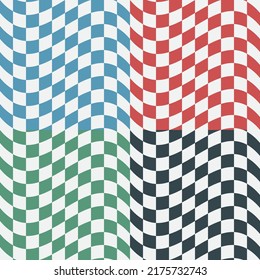 Set of Multi Color Waving Flag Checkers Background Designs. Four Square Checkered Seamless Patterns of Red, Green, Blue and Black Color. Modern Dynamic Textures for Digital, Print And Web Design.