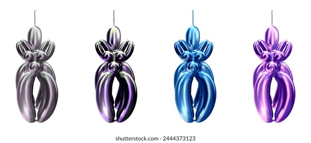 Set of multi colored ballon dog in 3D style. Vector illustration of a pouting toy in chrome tones.